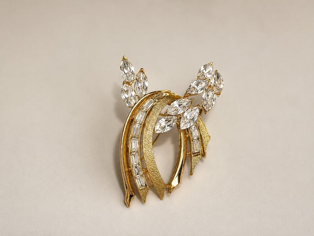Vintage Crown Trifari Rhinestone Ribbon Spray Brooch Alfred Philippe Mid-Century